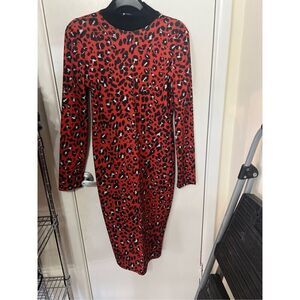 Zara Red Leopard Print Mock Neck Bodycon Dress SZ M